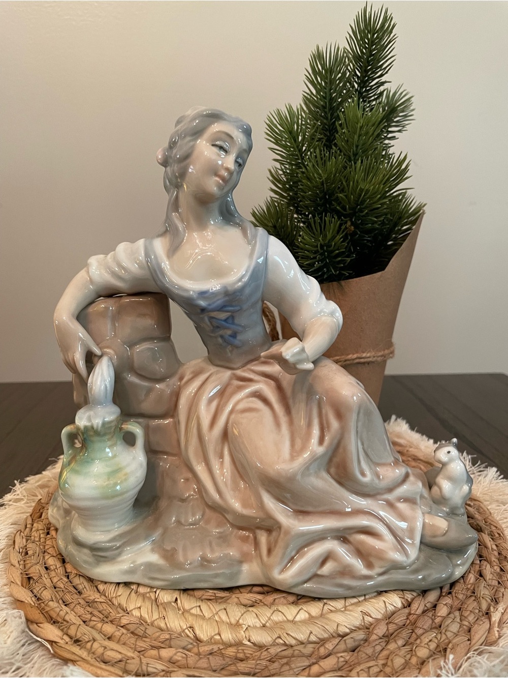 Porcelain Pastel Lady Figurine Decorative Sculpture - White & Light Blue